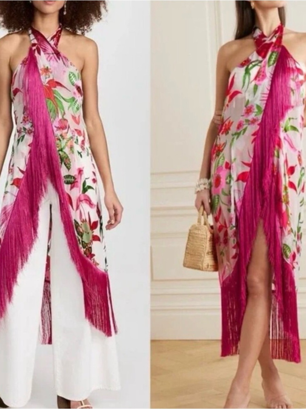 cult gaia Pink Floral Halter Fringe Dress